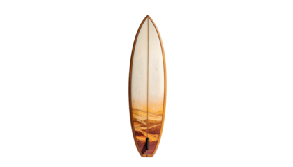 Standalone surfboard featuring wave design on black backdrop
