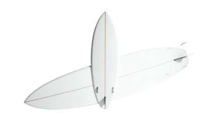 Two surfboards, one vertical, one horizontal, against black