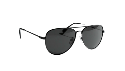 Dark aviator sunglasses, centered, against a stark black backdrop