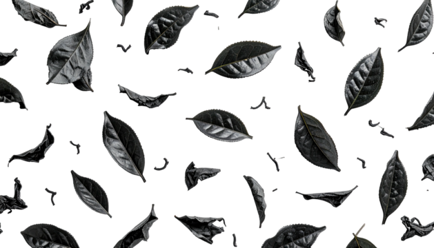 Dark leaves floating on a black background, textured pattern