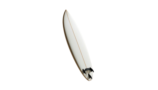 Surfboard, pale, with two fins, on a blank black backdrop