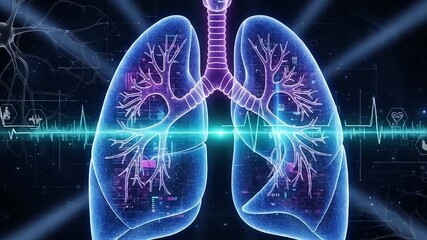 Dynamic animation of human lungs with digital interface for medical research and healthcare, representing respiratory health and scientific advancement in medicine - Powered by Adobe