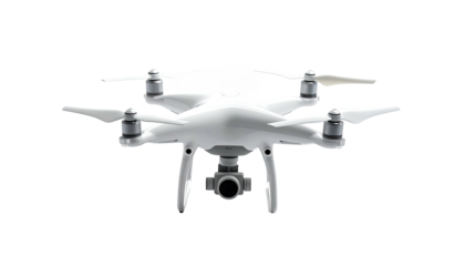 White drone with propellers, camera facing forward