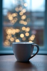 Fototapeta premium Coffee mug sitting on a wooden table, window in background with warm, glowing bokeh lights, warm and cozy atmosphere