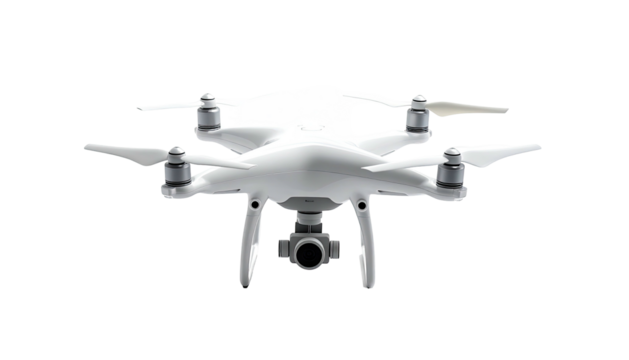 White drone with propellers, camera facing forward