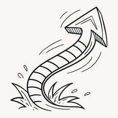 Hand drawn arrow pointing up and right, emerging from water, isolated on