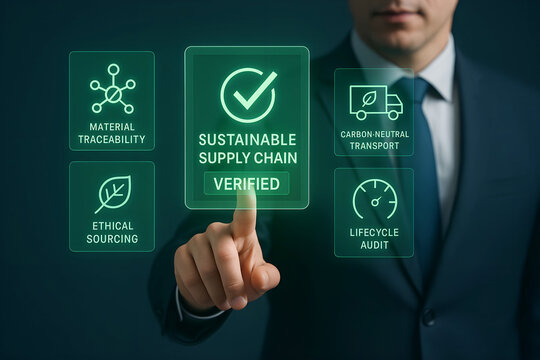 Businessman verifying sustainable supply chain with icons - Powered by Adobe