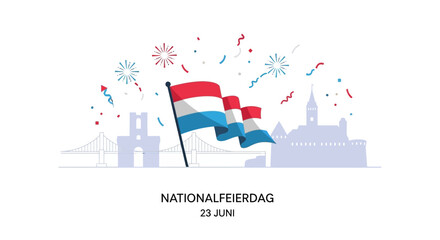 Dynamic Luxembourg National Day celebration graphic with waving flag, festive fireworks, and iconic city skyline, commemorating Nationalfeiertag on June 23