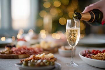 Fototapeta premium Hand pouring sparkling champagne into a flute amidst a table of appetizers and festive bokeh lights, creating a celebratory atmosphere