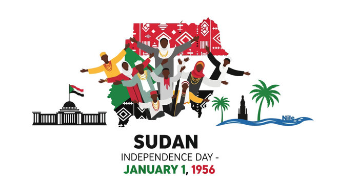 Festive vector art for Sudan's Independence Day featuring a cultural map with diverse people and national symbols - Powered by Adobe