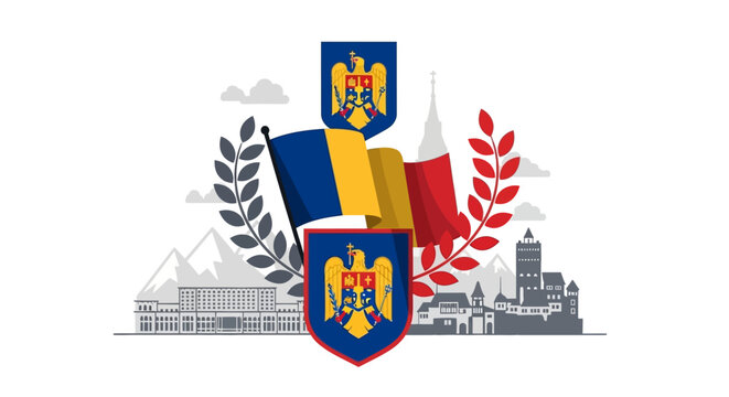 Romanian Flags and Coat of Arms in a Symbolic Composition, Representing the Nation