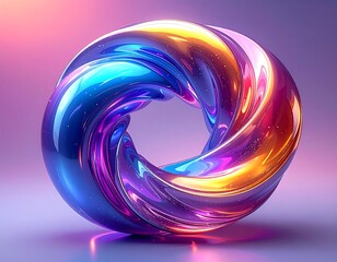 A glossy, intertwined ring of vibrant, multicolored, swirling ribbons