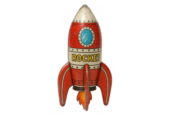 Vintage red rocket tin toy with a window and fins, representing childhood nostalgia and space exploration on transparent background