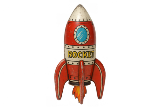 Vintage red rocket tin toy with a window and fins, representing childhood nostalgia and space exploration on transparent background