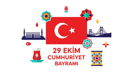 Vibrant Turkish Republic Day celebration banner featuring iconic Istanbul landmarks, the national flag, and traditional cultural motifs for patriotic designs