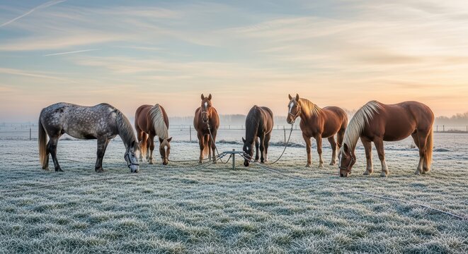 Group of horses grazing on frosty pasture at sunrise - Powered by Adobe