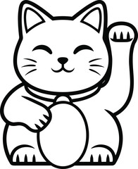 Maneki-neko line drawing, lucky cat, Japanese symbol, fortune figurine, minimalist art, black and white, cultural icon, beckoning gesture