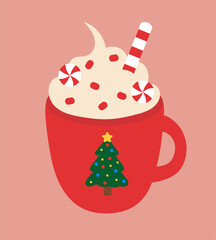 Red Christmas cup with whipped cream, lollipops, sprinkles. Drink element. Vector flat illustration.