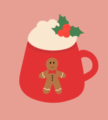 Red Christmas cup with whipped cream and mistletoe. Vector flat illustration.