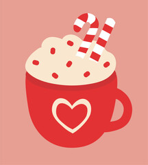 Red Christmas cup with whipped cream and striped lollipop. Vector flat illustration.