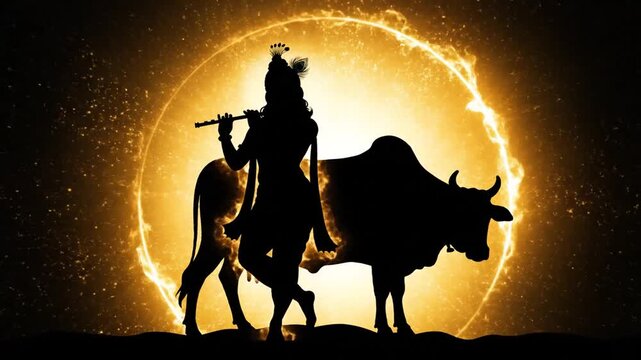 Silhouette of a warrior riding an ox against a fiery celestial backdrop