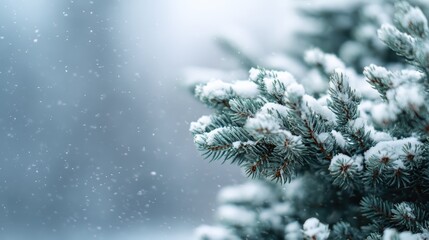 Evergreen tree branches laden with fresh white snow during a winter snowfall, providing tranquil background with empty space on left