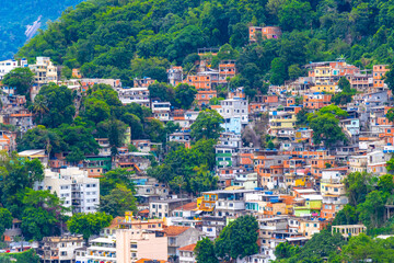 Naklejka premium Mountains with favelas houses tropical nature Rio de Janeiro Brazil.