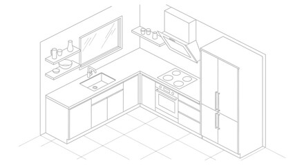 Fototapeta premium Isometric kitchen illustration with appliances and furniture in a modern style