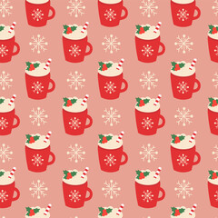 Seamless Pattern. Red Christmas cup with whipped cream, candy lollipop, mistletoe and snowflakes. Winter drink. Vector flat illustration.