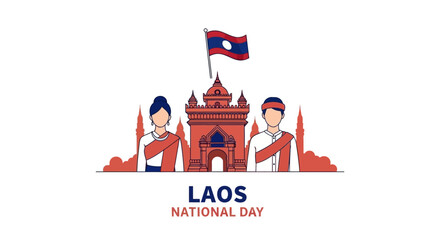 Vector illustration of Laotian people celebrating National Day at the Patuxai Victory Gate monument with the national flag