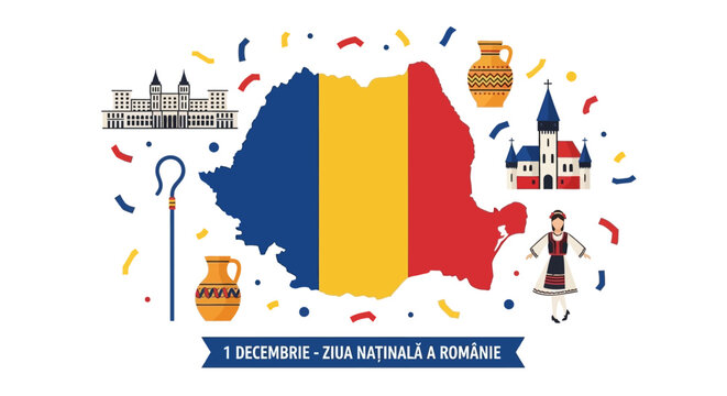 Vector illustration celebrating Romania's National Day with a map, flag, and cultural landmarks on a white background