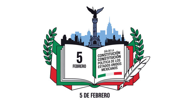 Symbolic Illustration for Mexican Constitution Day, February 5th, featuring a patriotic open law book, urban skyline, and a quill pen representing national history