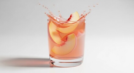 Full glass of peach juice with slices and splash