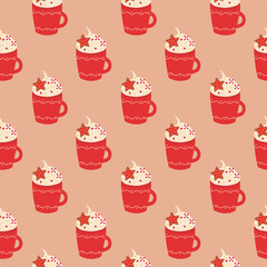 Seamless Pattern. Red Christmas cup with whipped cream, lollipop and sprinkles, gingerbread star cookie. Vector flat illustration.