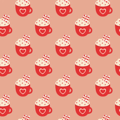 Seamless Pattern. Red Christmas cup with whipped cream, candy cane and sprinkles. Winter drink. Vector flat illustration.