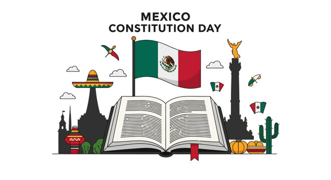 Festive Mexico Constitution Day celebration vector art with an open constitution book, national flag, and vibrant cultural symbols