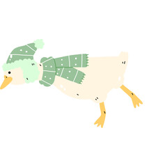 Cute Goose with green scarf and winter hat hand drawn illustration