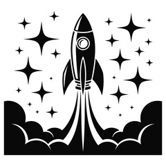 Black Rocket Ship Launching Among Stars spaceship space