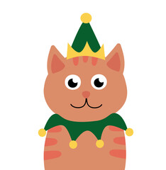 Christmas Cat in funny hat. Vector flat illustration.