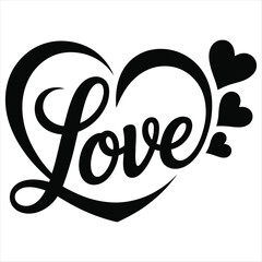 Black script Love inside a heart with three smaller hearts