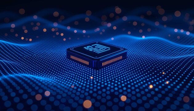 Futuristic AI Microchip on a vibrant blue Digital computing Network with data Flow