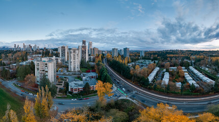 Autumn Cityscape Over Burnaby: Highrise Skyline, Roads and Greenery in Greater Vancouver
