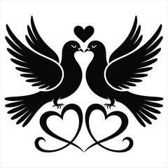 Doves kissing with intertwined heart shapes pigeons