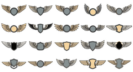 Collection of heraldic wings and shields illustrations on white background.