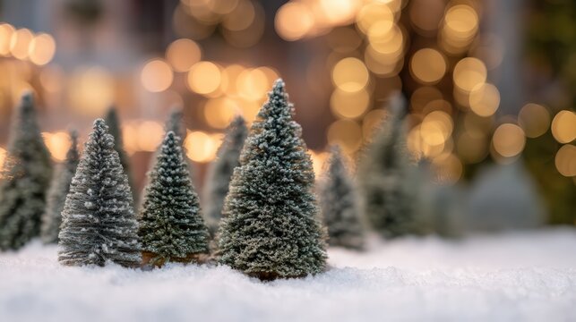 Miniature snow covered christmas trees creating a festive winter scene with bokeh fairy lights, offering copy space
