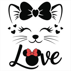 Cute Cat Face with Bow and Love Text kitten animal