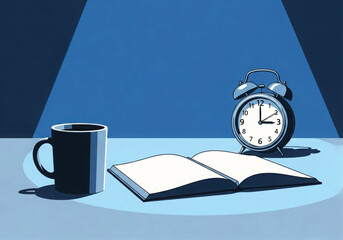 An open book and a coffee mug sit on a table next to an alarm clock