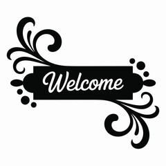 Ornate welcome banner with swirls and dots text lettering