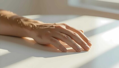 Peaceful human hand resting on a smooth white table surface bathed in soft, warm sunlight, creating calm shadows and a minimalist, serene aesthetic