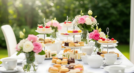 Afternoon tea, high tea, garden party, elegant, luxury, outdoor tea, tea party, traditional, British tea, sandwiches,
